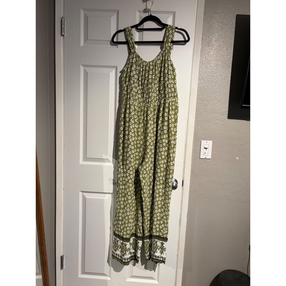 Maurices Olive Green Daisy Floral Smocked Wide Leg Jumpsuit Large Boho Rayon